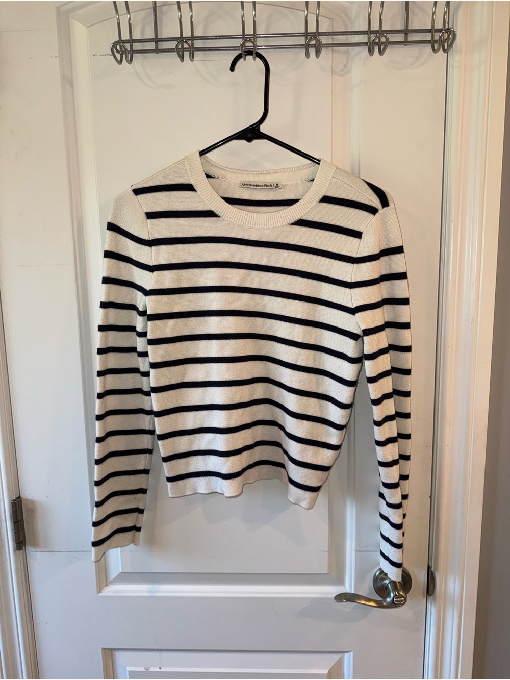 Abercrombie & Fitch Navy and White Striped Long Sleeve Crew Sweater